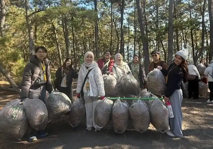 Students collect pine leaves during an environmental activity. (Photo: Group Collection)