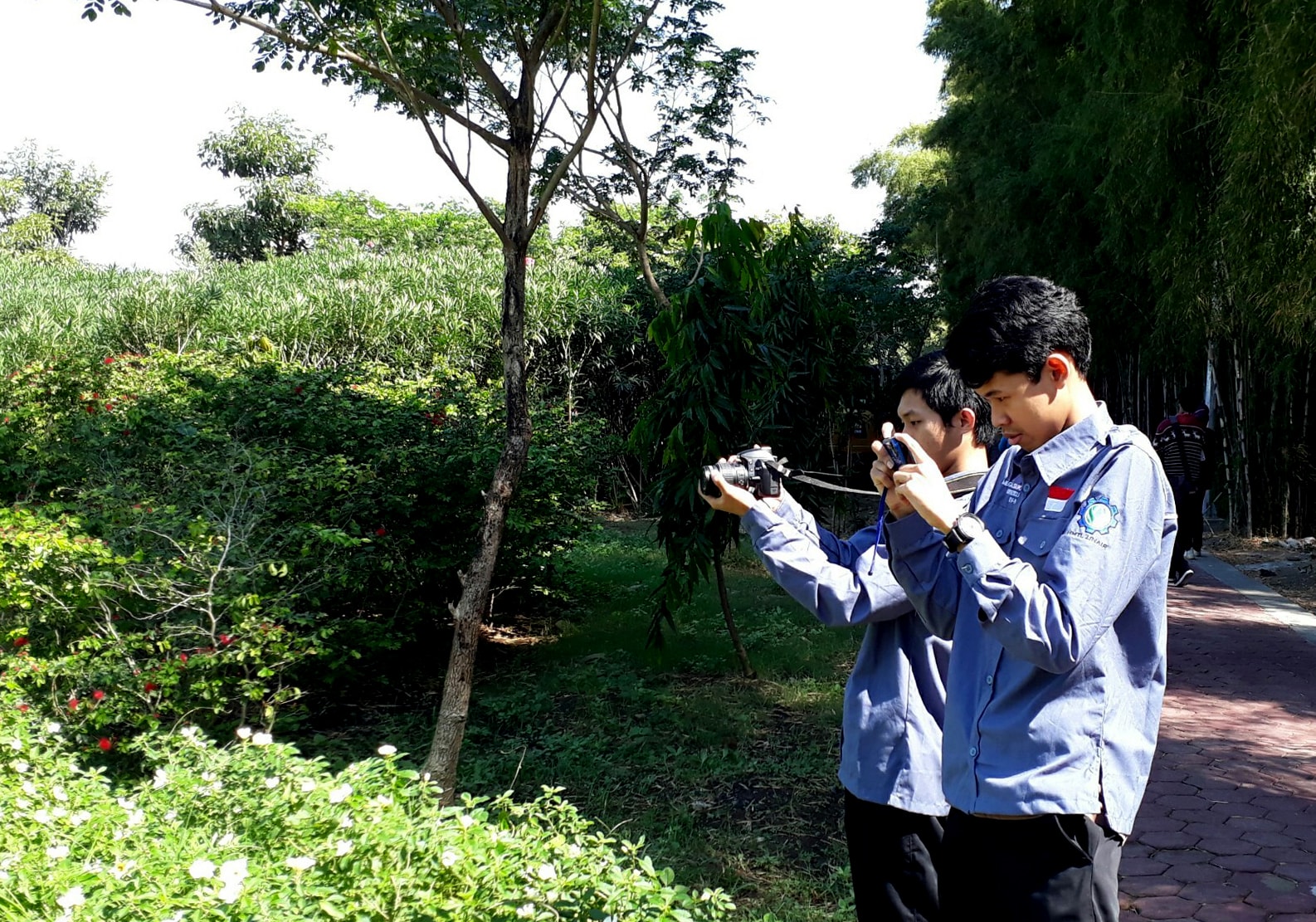 SURVEI, Ahmad Fahmi Ramadlan (depan) dan Mega Soekarno Sumarlan memfoto vegetasi tanaman ketika melakukan identifikasi di Taman Surabaya. (Foto: Istimewa)