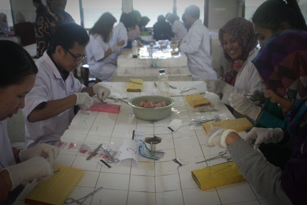 PESERTA tampak antusisas dalam pemaparan teknik menjahit kulit ayam dalam workshop bertema “Surgery Assistensi”. (Foto: Istimewa)