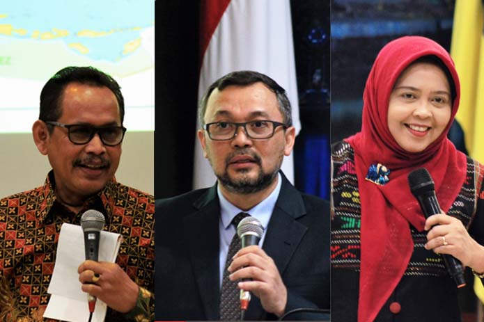 DARI kiri, Prof. Dr. Musta’in Mashud, Drs., M.Si., guru besar Fakultas Ilmu Sosial dan Ilmu Politik (FISIP); Prof. Ir. Moch. Amin Alamsjah, M.Si., Ph.D., guru besar Fakultas Perikanan dan Kelautan (FPK); serta Prof. Dr. Dian Agustia, Dra., Ak., M.Si., CMA., CA., guru besar Fakultas Ekonomi dan Bisnis (FEB). (Foto: Agus Irwanto)