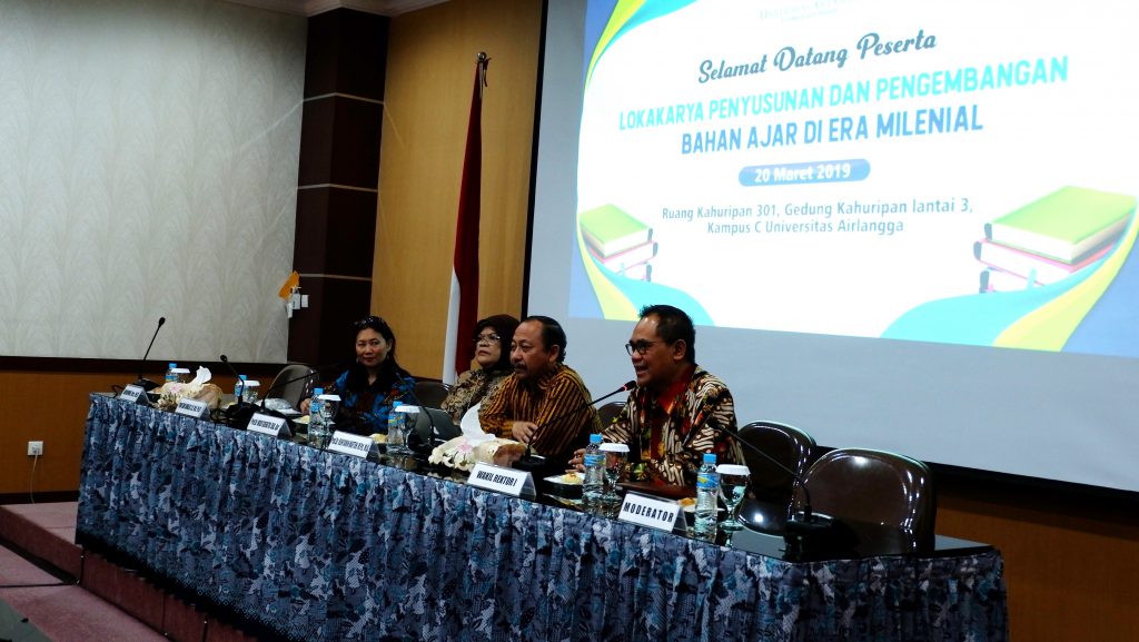 MOST right, UNAIR Vice Rector I Prof. Djoko Santoso, dr., Sp. PD-KGH, Ph.D., FINASIM., opening Workshop on Preparation and Development of Teaching Material in Millennial Era