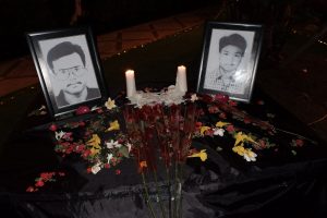The monument made as a tribute to Herman Hendrawan (left) and Petrus Bimo Anugrah (right) in the park behind FISIP UNAIR on Thursday, May 17, 2019.