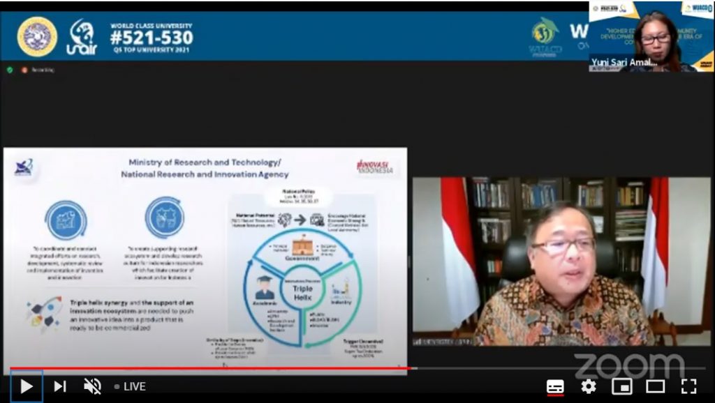 The Minister of Research and Technology / Head of National Agency for Research and Technology Bambang Brodjonegoro presentation in WUACD on Webinars 2020 which was held by Universitas Airlangga, Wednesday, November 18, 2020. (Photo: By courtesy)