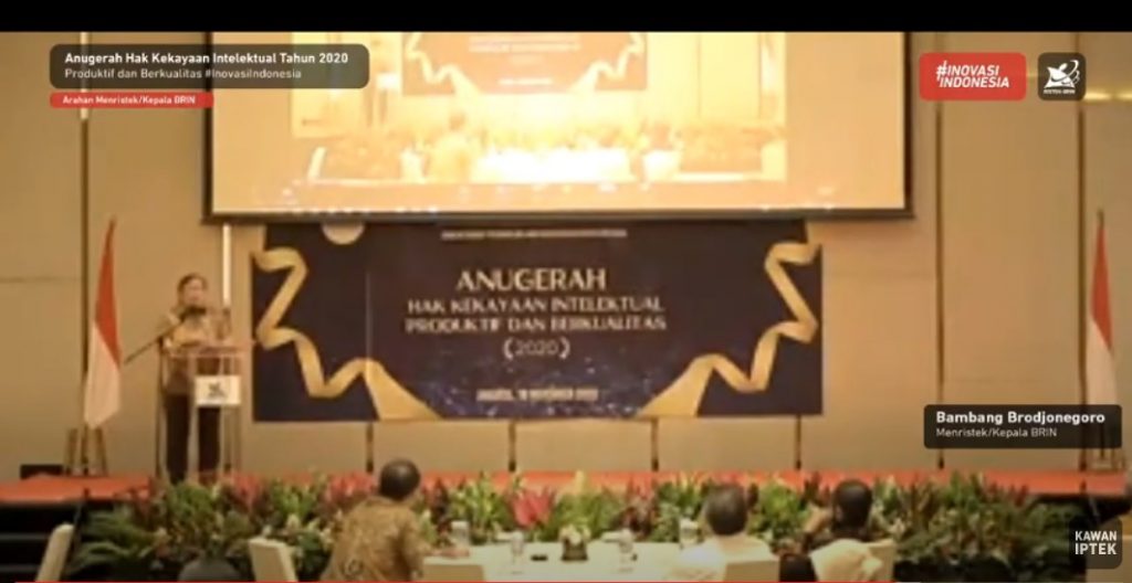 BAMBANG Brodjonegoro saat menyampaikan sambutan dalam Anugerah Hak Kekayaan Intelektual Produktif dan Berkualitas Tahun 2020 di Hotel Westin, Jakarta, Rabu (18/11/2020). (Foto: Istimewa)
