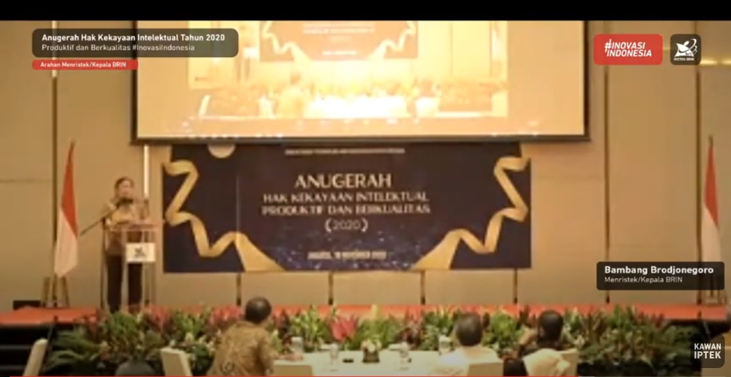 BAMBANG Brodjonegoro saat menyampaikan sambutan dalam Anugerah Hak Kekayaan Intelektual Produktif dan Berkualitas Tahun 2020 di Hotel Westin, Jakarta, Rabu (18/11/2020). (Foto: Istimewa)