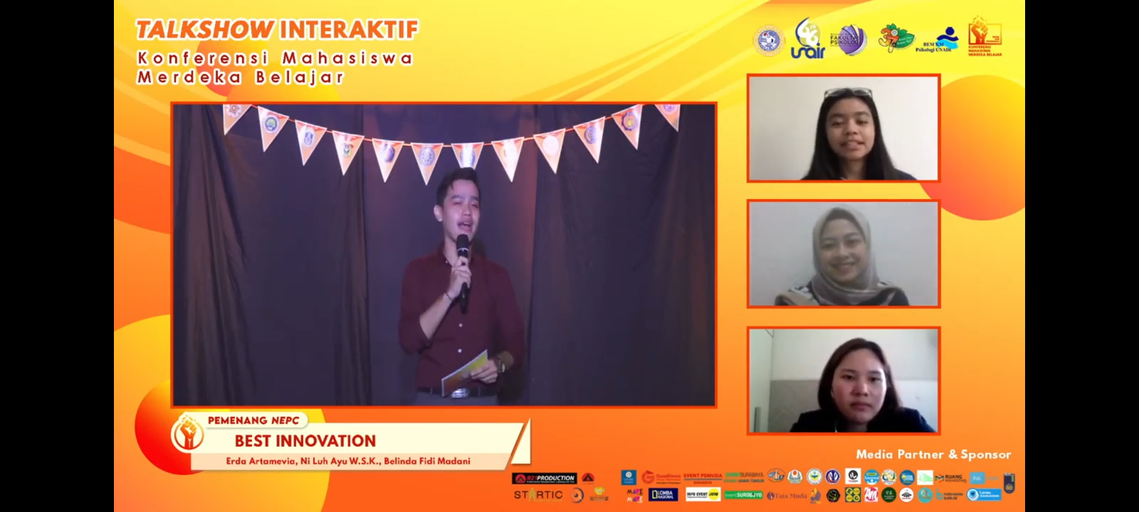 NI Luh Ayu W.S.K, Elda Artamevia, dan Belinda Fidi Madani, sebagai pemenang Best Innovation dalam sesi tanya jawab saat puncak acara Konferensi Mahasiswa Merdeka Belajar (KMMB). (Foto: Istimewa)