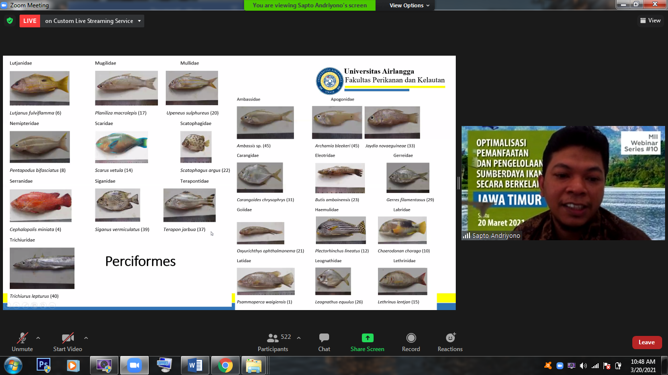 Dr. Eng. Sapto Andriyono, S.Pi., M.T. memaparkan hasil temuan spesies ikan melalui pendekatan DNA lingkungan. (Foto: Dimar Herfano)