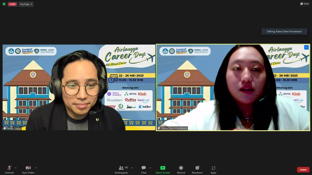 Sesi penyampaian materi dalam webinar Airlangga Career Day pada Rabu (24/5/2023). (Foto: Nopitasari)