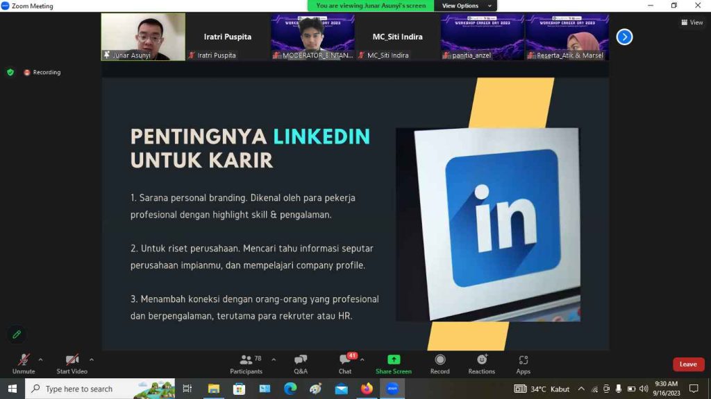 Junar Asunyi SPsi menjelaskan pentingnya membuat Linkedin untuk jenjang karir. (Sumber: SS Zoom)