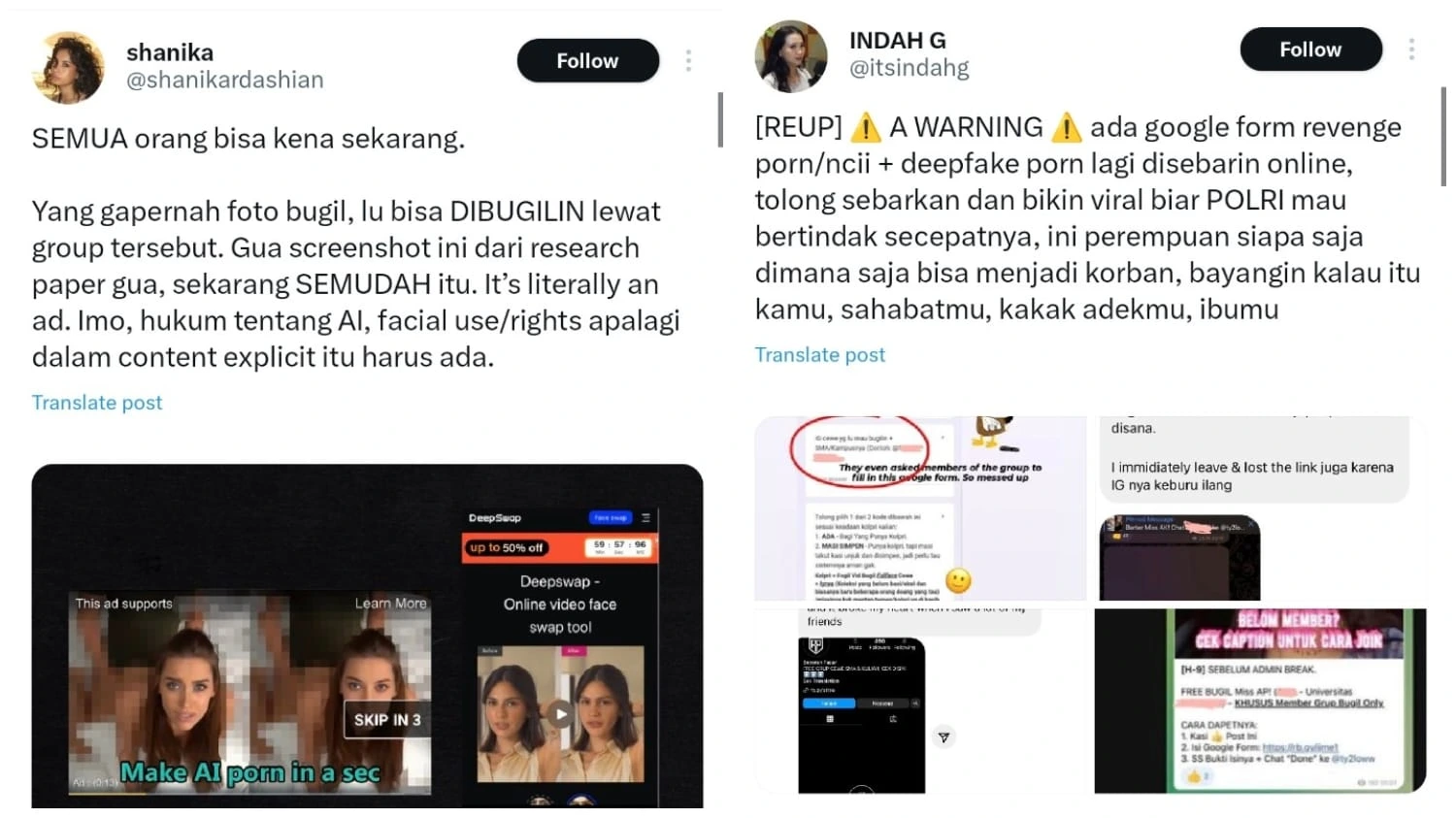Deepfake Porn victim on “X” (Photo: X @shanikardashian and @itsindahg)