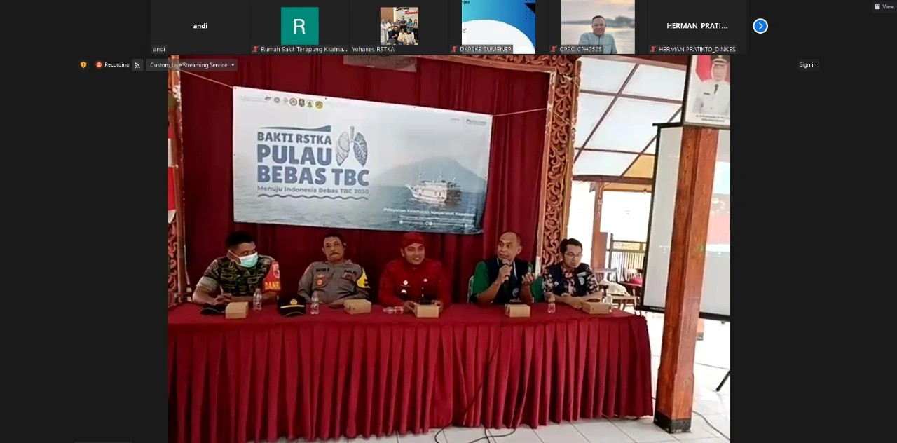 Direktur RSTKA, dr Agus Harianto SpB bersama para pihak yang bekerja sama dalam Bhakti RSTKA 2024 "Pulau Bebas TBC" (Foto: Zoom Meeting)