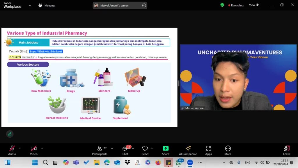 emaparan Marvel Amarel SFarm dalam Webinar Uncharted Pharmaventures bertajuk “Choose Your Path, Own Your Game” pada Minggu (20/10/2024) (Foto: Tangkapan Layar Zoom Meeting)