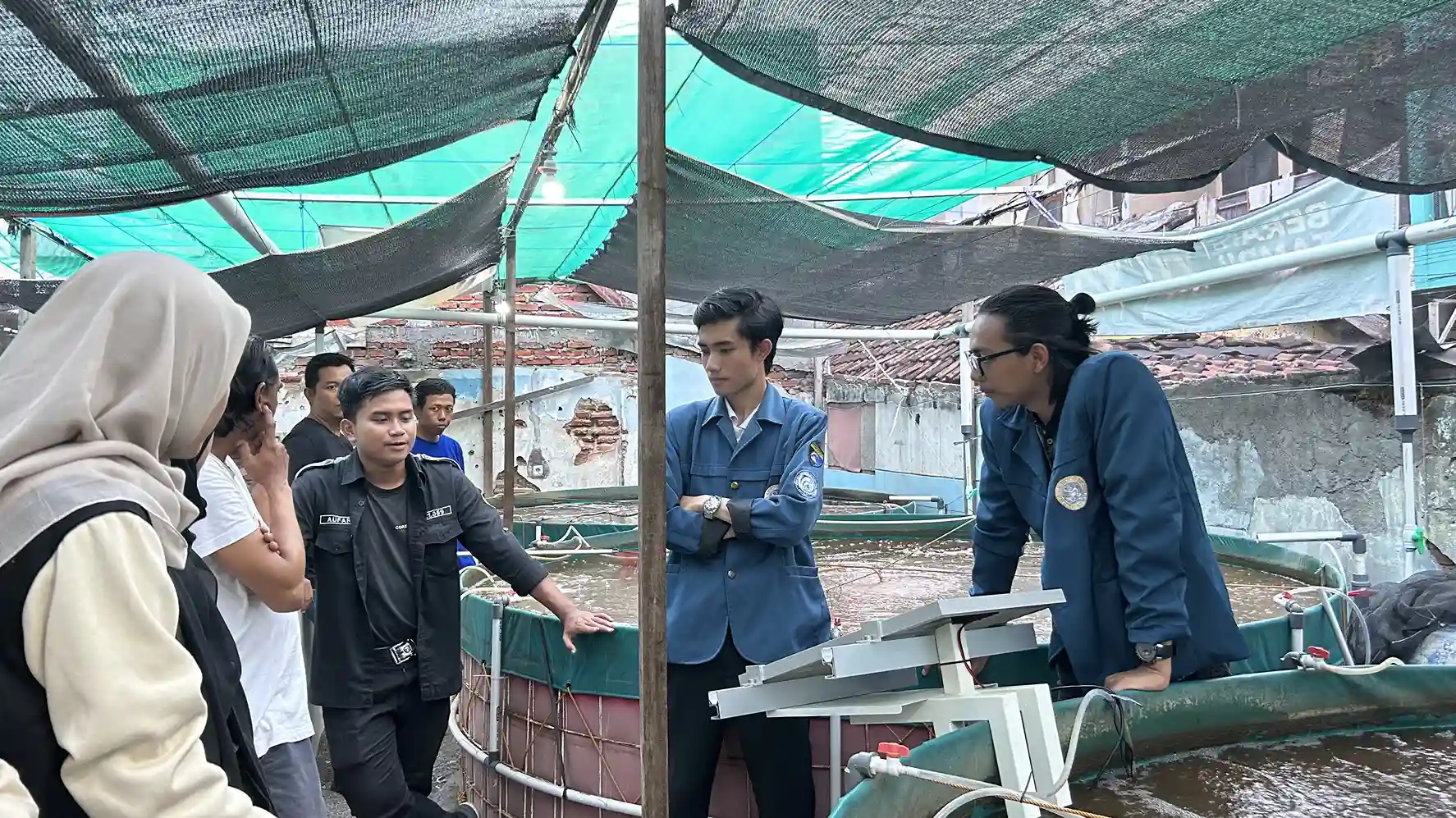 Pengoprasian alat FLO-RETECH sebagai pemantau kualitas air kolam bioflok (Foto: Dok. tim pengmas)