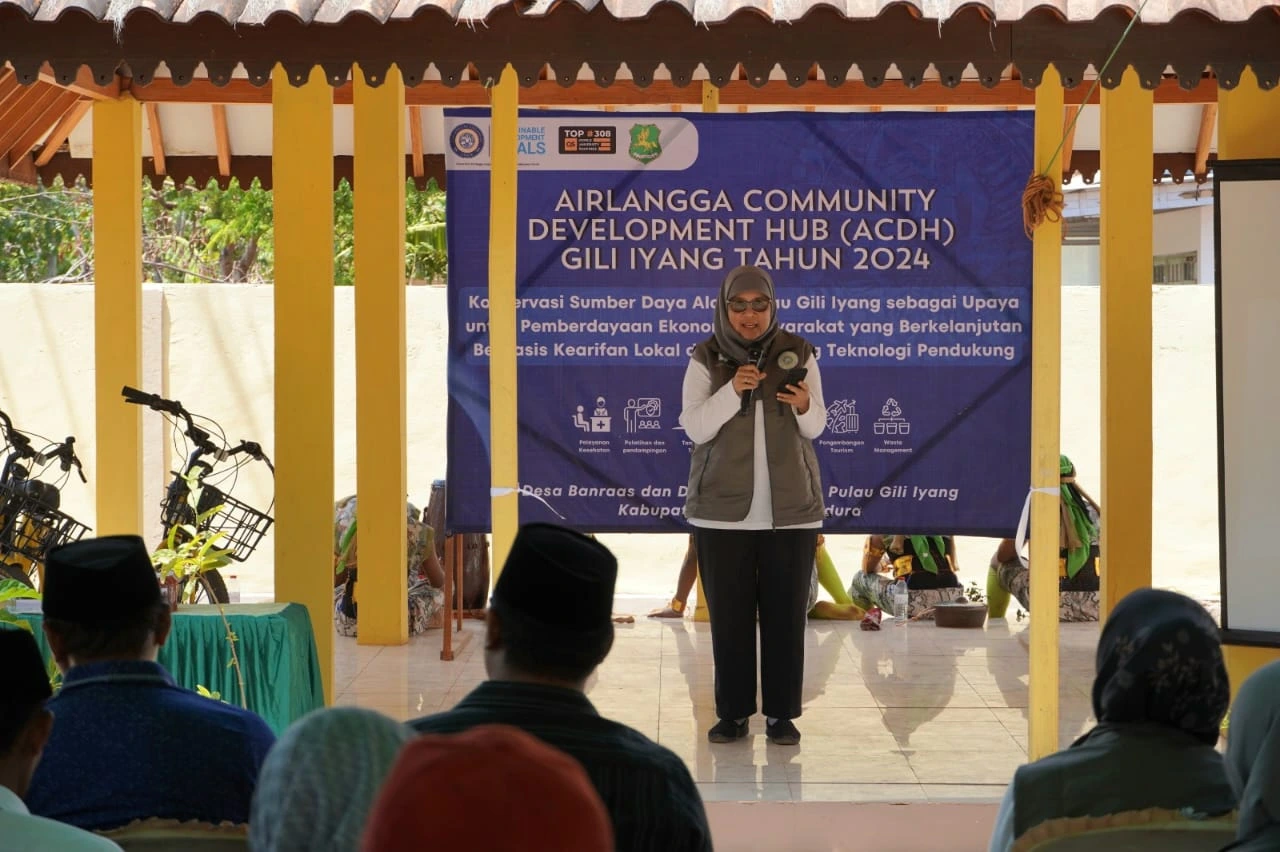 Prof. Ni Nyoman Tri Puspaningsih delivers remarks at the inauguration of UNAIR's six innovative products on Gili Iyang Island, Sumenep, Saturday, October 19, 2024 (Photo: By courtesy)