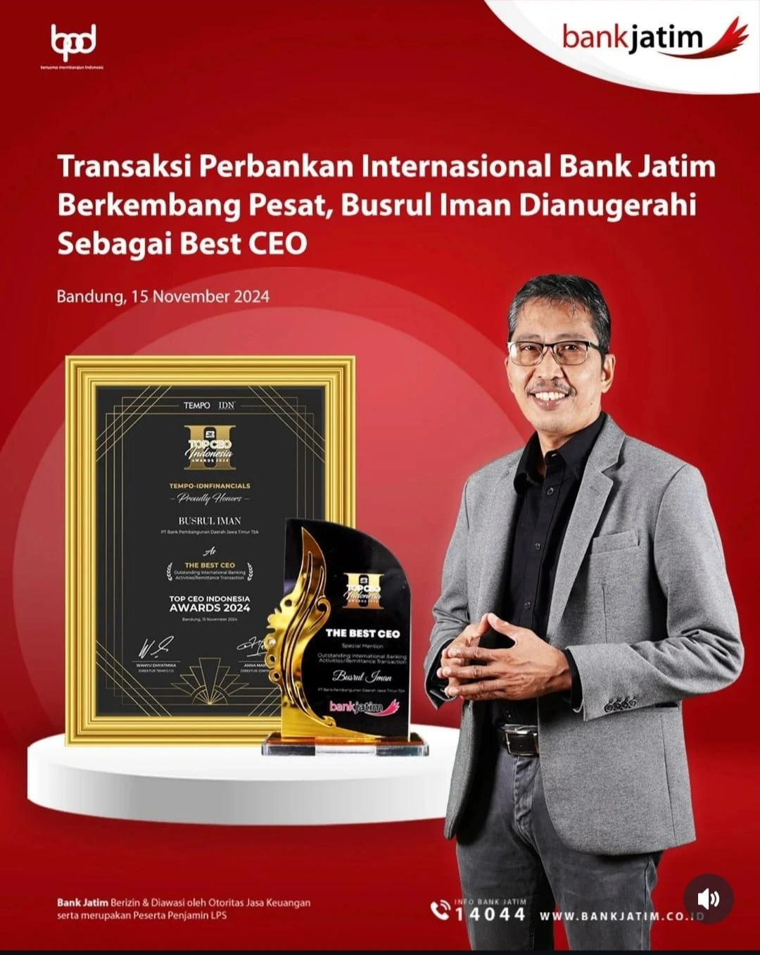 Dr Busrul Iman SE MM, Direktur Utama Bank Jatim raih penghargaan The Best CEO oleh Tempo dan IDN Financials. (Foto: Istimewa)