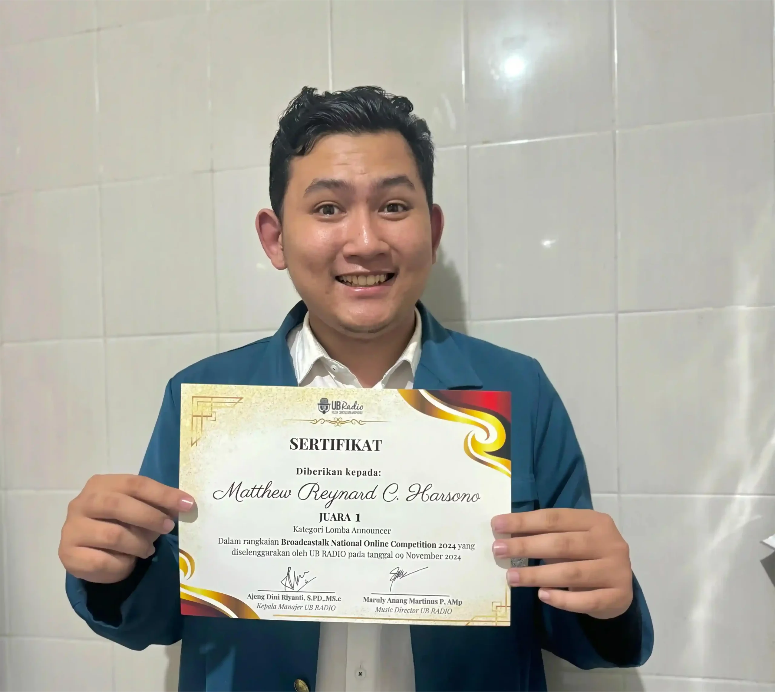 Matthew Reynard Christopher Harsono Meraih Juara 1 pada BROADCASTALK Competition 2024 (Foto: Dok. Narasumber)