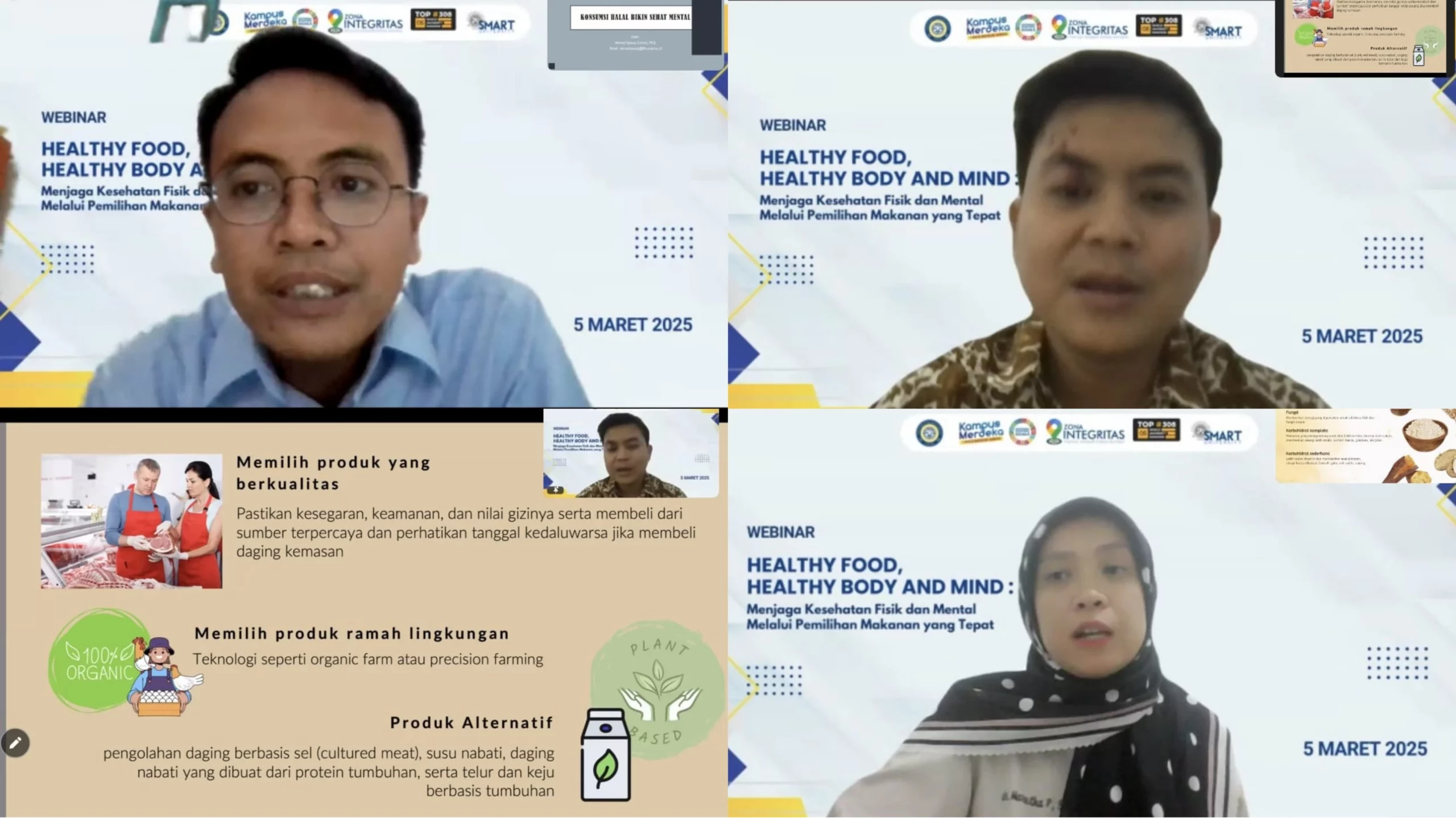 dr Maretha Primariayu M Gizi Sp GK, Igo Syaiful Ihsan drh M Si dan Ahmad Syauqi S Hum M Si selaku narasumber webinar Healthy Food, Healthy Body and Mind, Rabu (5/3/2025) melalui Zoom Meeting (foto: dok Adinda)