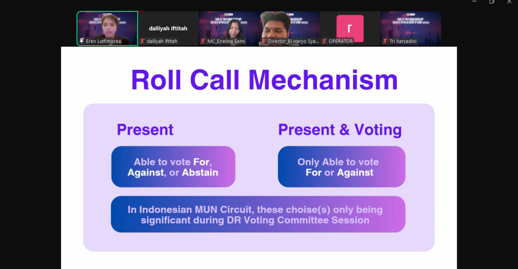 Lutfimorea delivers a presentation on MUN fundamentals during ALSA FH UNAIR’s “MUN 101” workshop on Sunday (April 27, 2025) (Photo: Zoom Meeting Screenshot)