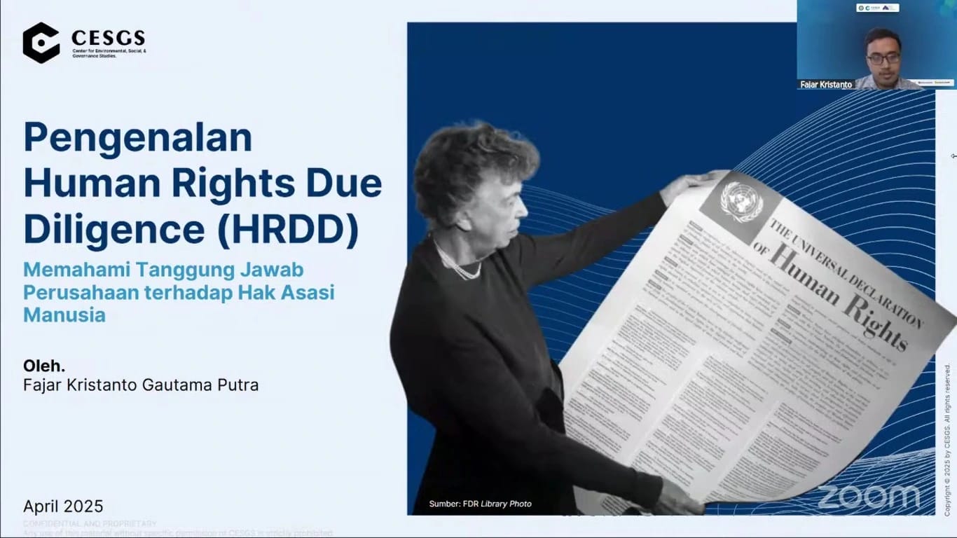 Fajar Kristanto menjelaskan pentingnya HRDD dalam operasional perusahaan pada ESG Talk Series #3 (Foto: Penulis)