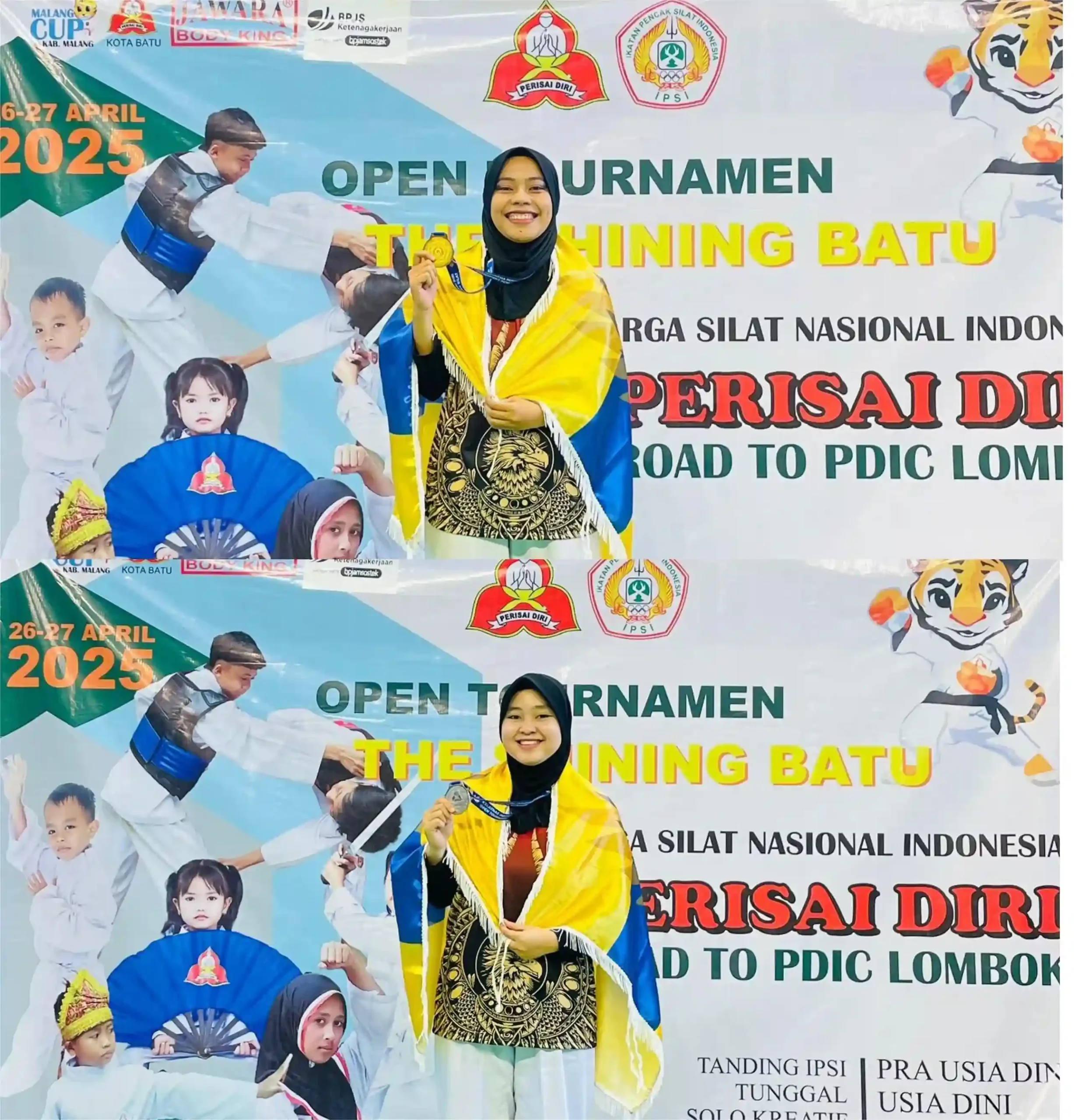 Selvia Dwi Putri Fatimah (atas) dan Egalita Linanda Siswandari (bawah) usai meraih Juara 1 kategori Seni Tunggal IPSI Dewasa Putri di kejuaraan The Shining Batu Cup V Malang 2025 (Foto: Dok. Narasumber)