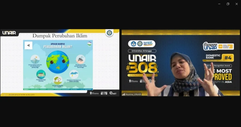 Dr. Nurina Fitriani, S.T., a lecturer in Environmental Engineering at the Faculty of Science and Technology (FST) UNAIR, served as the keynote speaker on global climate change.