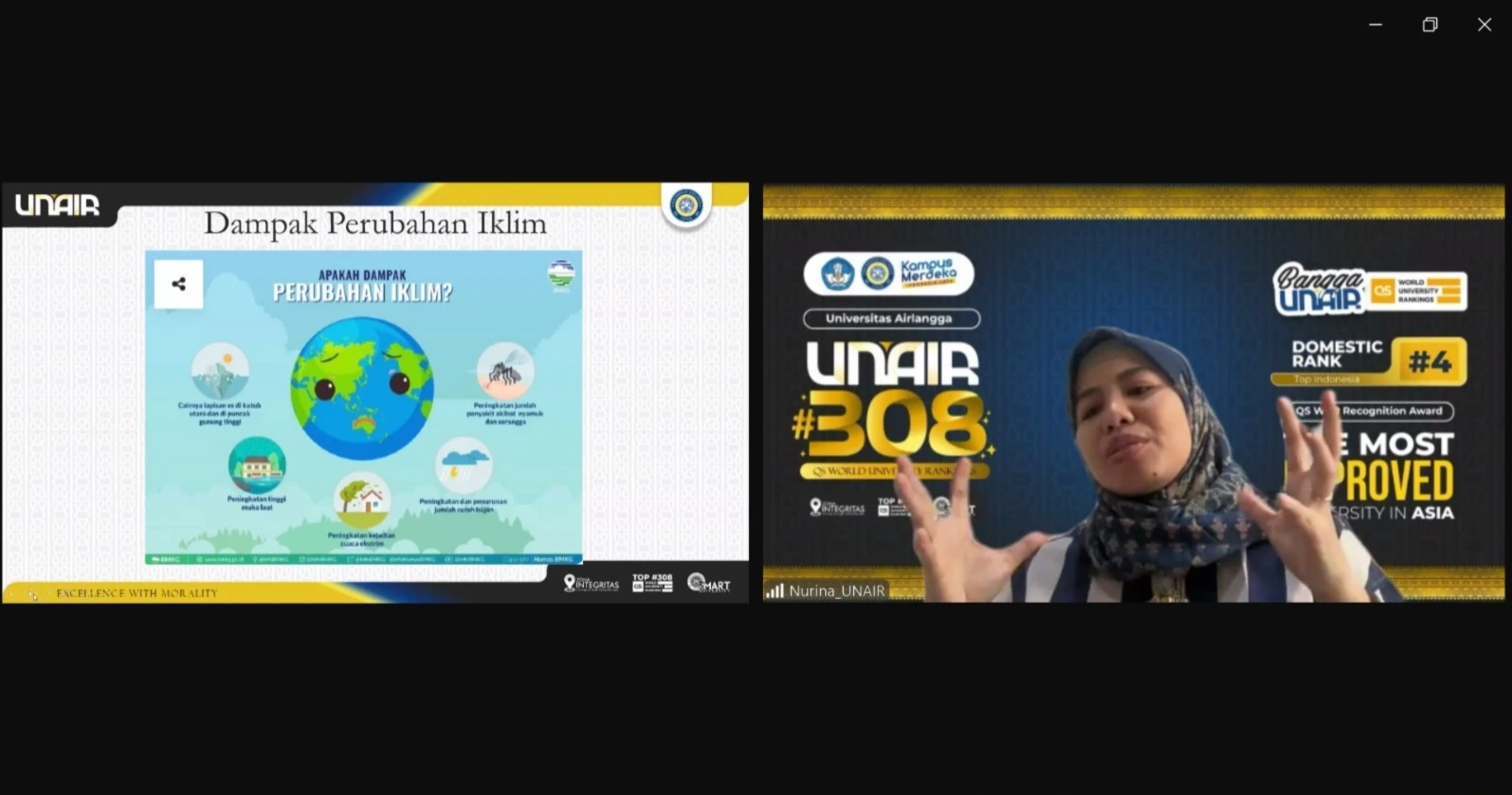 Dr. Nurina Fitriani, S.T., a lecturer in Environmental Engineering at the Faculty of Science and Technology (FST) UNAIR, served as the keynote speaker on global climate change.
