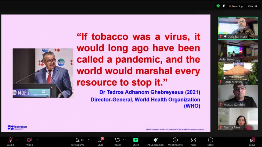 Prof. Dr. Muhammad Aziz Rahman MBBS, MPH, CertGTC, GCHECTL, PhD, presents during the second session of UNAIR’s guest lecture via Zoom on Thursday (June 12, 2025). (Photo: Personal archive)