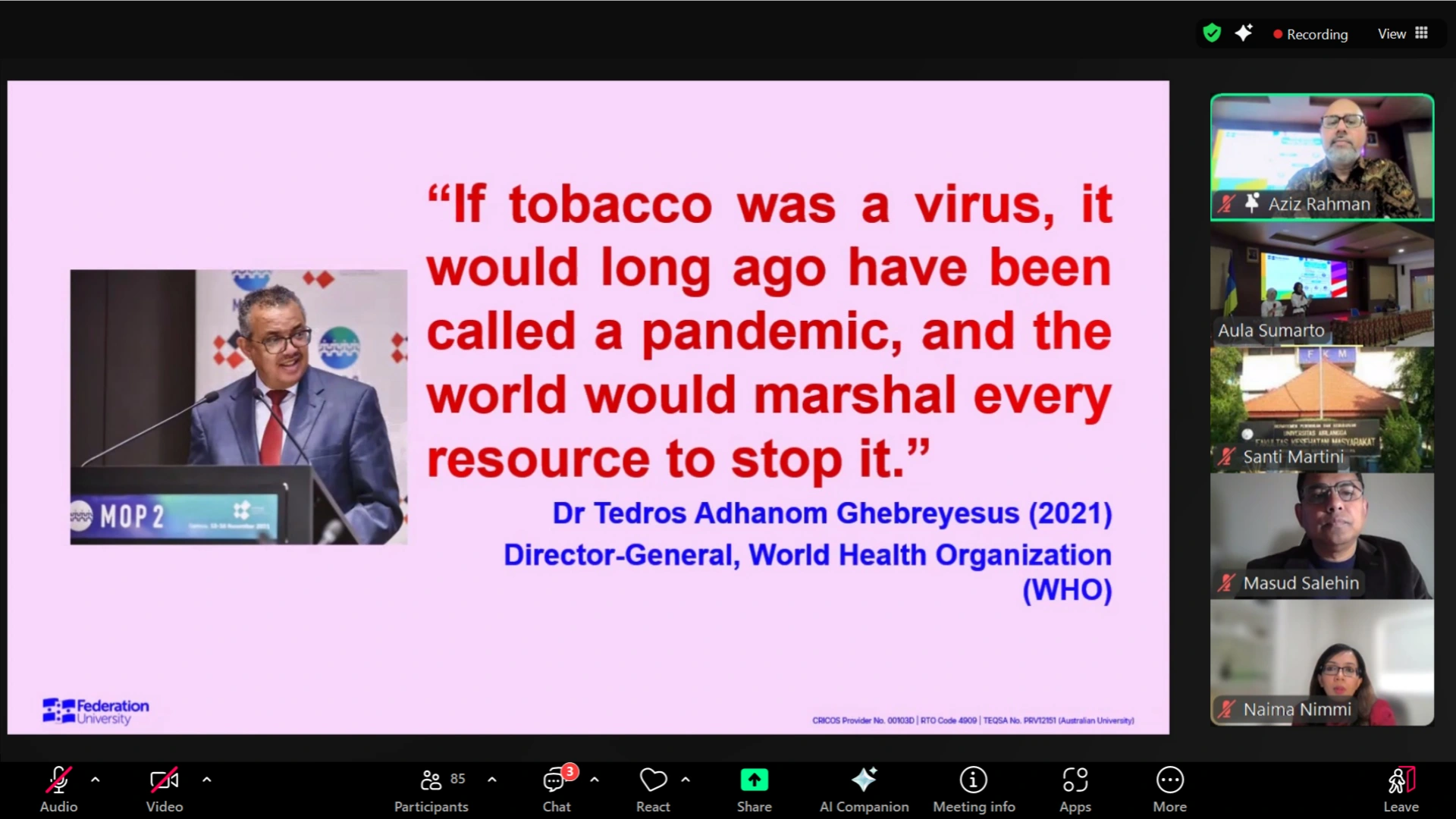 Prof. Dr. Muhammad Aziz Rahman MBBS, MPH, CertGTC, GCHECTL, PhD, presents during the second session of UNAIR’s guest lecture via Zoom on Thursday (June 12, 2025). (Photo: Personal archive)
