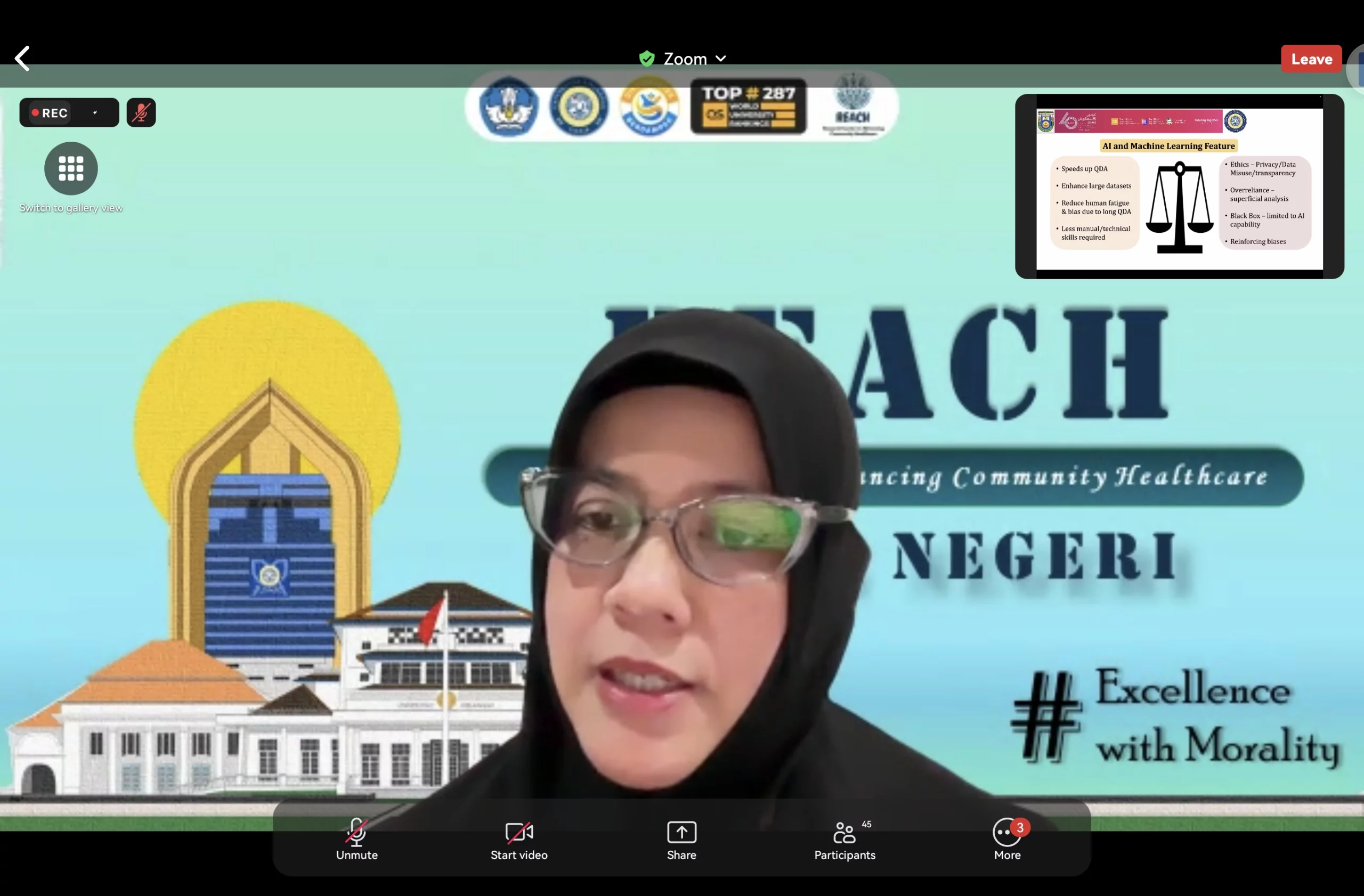 associate professor PAPRSB Institute Health Science Brunei, Dr Khadizah binti Haji Abdul saat lakukan sesi pemaparan (Sumber: Istimewa)