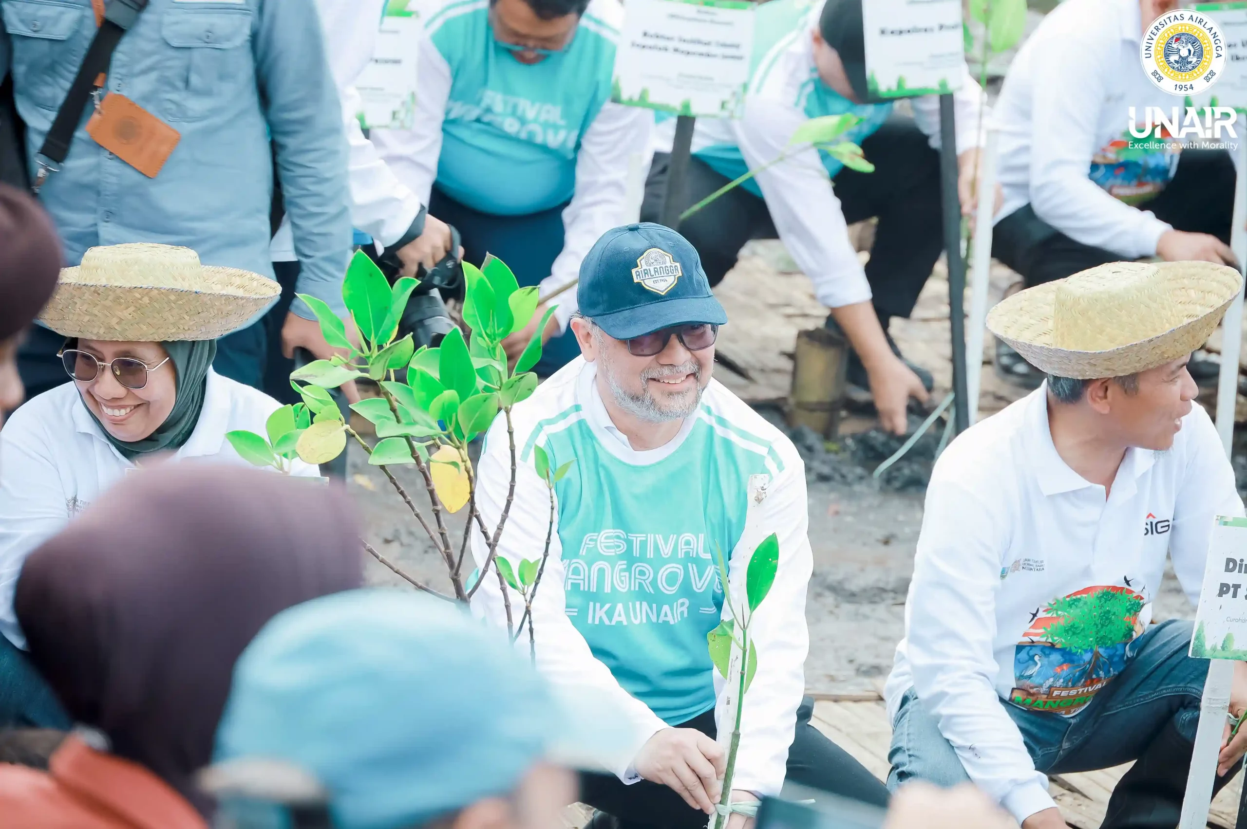 Wakil Rektor Bidang Akademik, Kemahasiswaan, dan Alumni UNAIR Prof Mochammad Amin Alamsjah Ir MSi PhD saat melakukan penanaman mangrove dalam Festival Mangrove ke-VII (Foto: PKIP UNAIR)