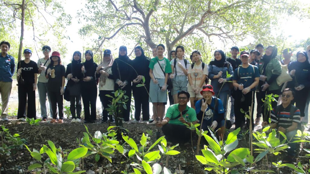 Students from UNAIR’s Environmental Engineering Program and Nanyang Polytechnic pose for a photo before a mangrove planting activity at Surabaya’s Mangrove Ecotourism Area, Wednesday (Sept. 3, 2025). (Photo: PKIP UNAIR)