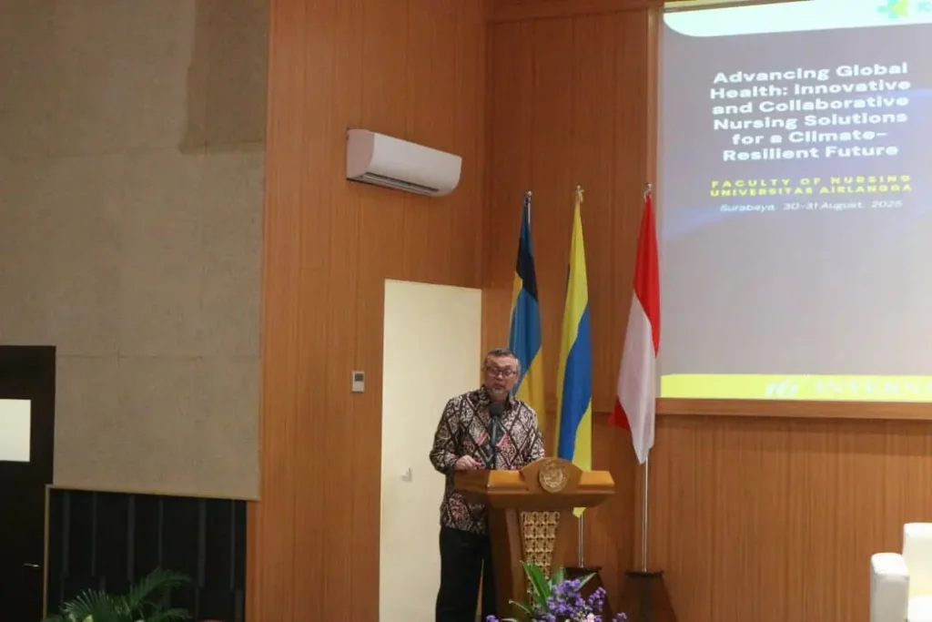 UNAIR Vice Rector for Academic, Student, and Alumni Affairs, Prof. Mochammad Amin Alamsjah, Ir., M.Si., Ph.D., delivers opening remarks at the 16th INC (Photo: By courtesy)