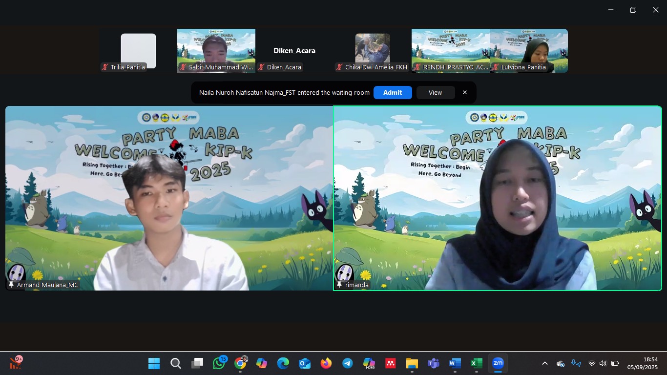 Ketua AUBMO, Rimanda Dwi Prabaningrum saat welcome party untuk mahasiswa baru penerima beasiswa Kartu Indonesia Pintar Kuliah (KIP-K) pada Hari Jumat, (4/9/2025) secara daring melalui Zoom. (Foto: Penulis)