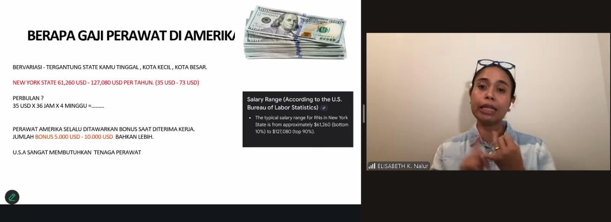 Elizabeth Nalur, S.Kep., RN, presents during the webinar “From Ameriki to America.” (Photo: Personal documentation)