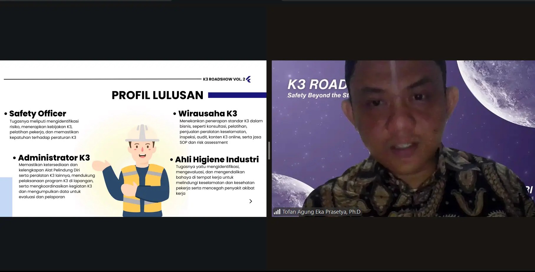 Tofan Agung Eka Prasetya SKep Ners MKKK PhD menjelaskan pentingnya membangun budaya keselamatan kerja sejak dini kepada peserta K3 Roadshow 2025. (Foto Penulis)