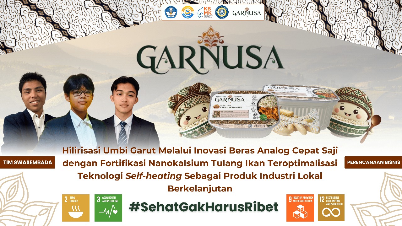 The student collaboration team from Universitas Airlangga (Swasembada) participated in the KBMK competition with their project titled GARNUSA: Downstreaming Arrowroot Tubers through Instant Analog Rice Innovation Fortified with Fish Bone Nanocalcium, Optimized with Self-Heating Technology as a Sustainable Local Industrial Product. (Photo: Source)