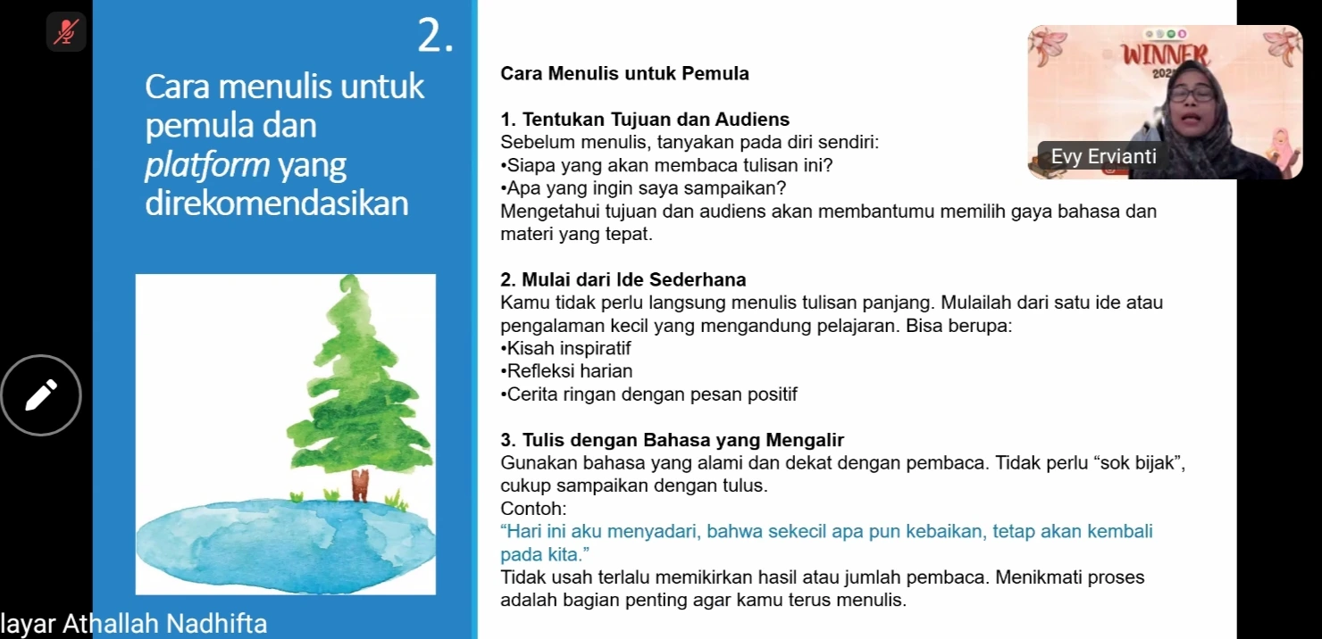 dr Evy Ervianti SpDVE SubspDT FINSDV FAADV saat memaparkan tips, trik, dan inspirasi menulis dalam webinar WINNER, Minggu (9/11/2025) melalui Zoom Meeting (Foto: Istimewa).