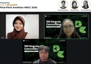 Mahasiswa Universitas Airlangga yang tergabung dalam Tim Waneikti, Muhammad Davi A., Nurul Ulul Azmi, dan Dea Vania N., saat mengikuti sesi final pitch Ambition II 2025 National Business Case Competition (NBCC) secara daring. Tim tersebut berhasil meraih predikat Second Winner melalui proposal 3S Solution for LPS. (Foto: Dok. Tim Waneikti)