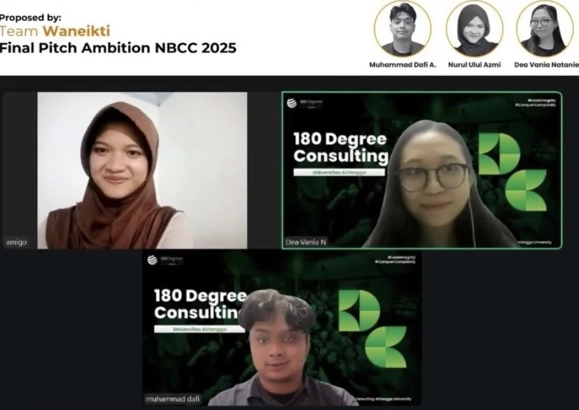 Mahasiswa Universitas Airlangga yang tergabung dalam Tim Waneikti, Muhammad Davi A., Nurul Ulul Azmi, dan Dea Vania N., saat mengikuti sesi final pitch Ambition II 2025 National Business Case Competition (NBCC) secara daring. Tim tersebut berhasil meraih predikat Second Winner melalui proposal 3S Solution for LPS. (Foto: Dok. Tim Waneikti)