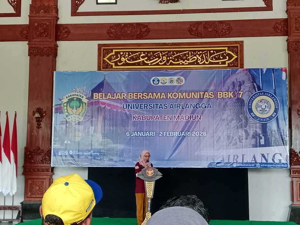 dr Astri Dewayani PhD selaku perwakilan LPMB memberi sambutan dalam upacara penerjunan BBK 7 bertempat di Pendopo Ronggo Djoemeno, Madiun, Selasa (6/1/2026) (Foto: Istimewa).