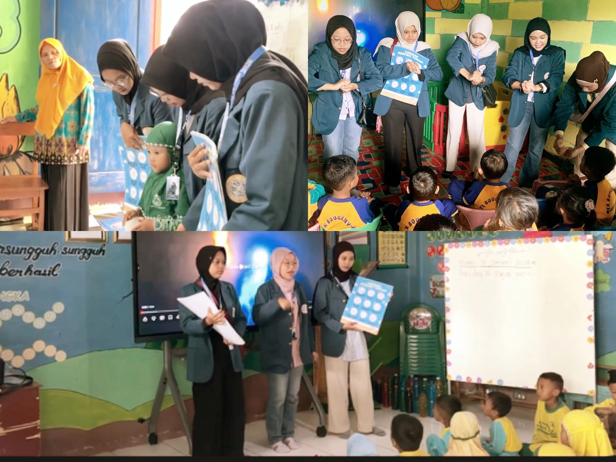 Mahasiswa BBK 7 Kradenanrejo melakukan edukasi cuci tangan yang diikuti oleh siswa TK Bougenville, TK Aisyiyah Bustanul Athfal, dan RA Darul Ulum (Foto: Dok. Tim)