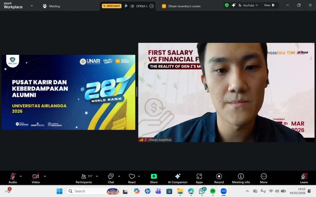 Dhean Juventius Tanamal delivers a presentation during the seminar “First Salary vs Financial Freedom: The Reality of Gen Z’s Money Game” on Thursday, March 5, 2026. (Photo: Zoom Meeting)