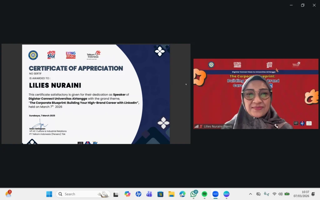 DIGISTAR presents a certificate to Lilies Nuraini during the webinar “The Corporate Blueprint: Building Your High-Brand Career with LinkedIn” on Saturday, March 7, 2026. (Photo: Zoom Meeting)