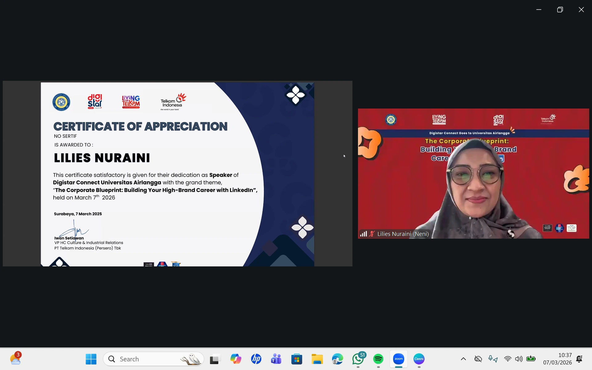 DIGISTAR presents a certificate to Lilies Nuraini during the webinar “The Corporate Blueprint: Building Your High-Brand Career with LinkedIn” on Saturday, March 7, 2026. (Photo: Zoom Meeting)