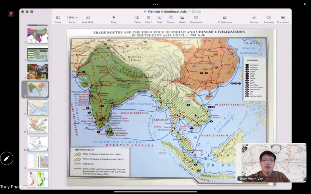 Assoc Prof. Dr. Pham Van Thuy delivers presentation on trade routes and influence of Indian and Chinese civilizations in Southeast Asia. (Photo: By courtesy)