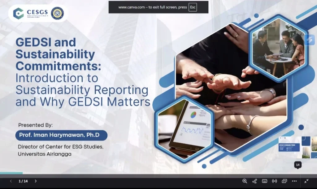 A presentation by Prof. Iman Harymawan, Ph.D., during the PAIR CE1.4-GEDSI Webinar. (Photo: By courtesy)