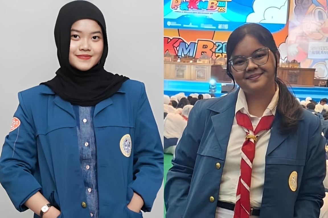 Khesya (kanan) saat Mengikuti PKKMB UNAIR 2025 di Airlangga Convention Center dan Tisya (kiri) Mahasiswa FISIP Angkatan 2025 (Foto: Istimewa)