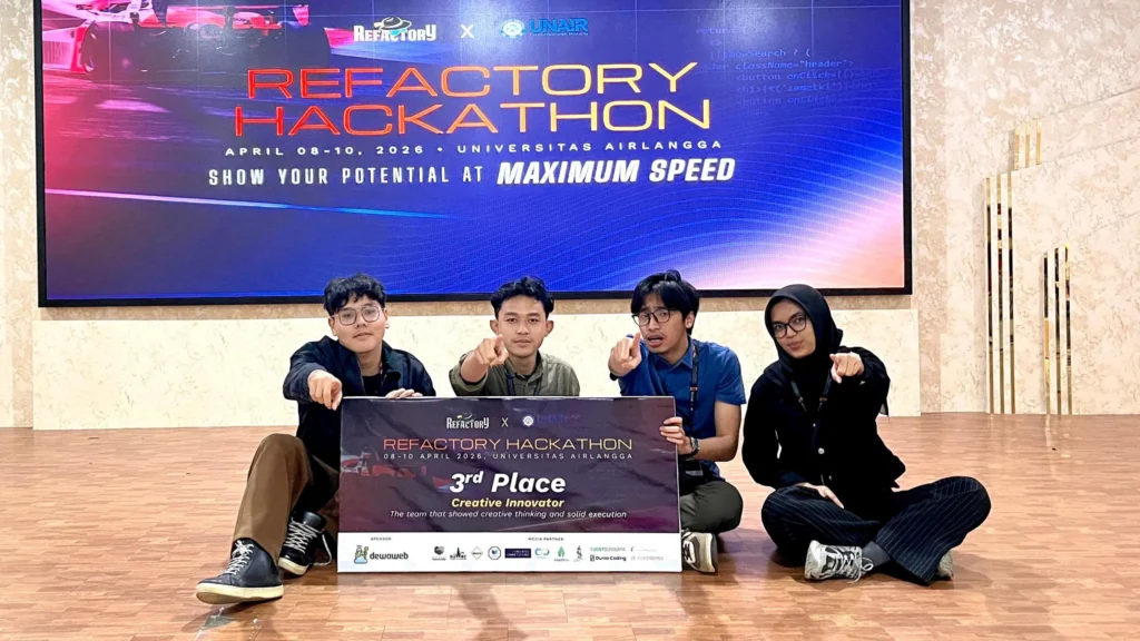 Tim Case Release berhasil meraih juara 3 Creative Innovator pada ajang Hackathon di Fakultas Vokasi (FV) Kampus Dharmawangsa - B UNAIR, Jumat (10/4/2026). (Foto: Istimewa)