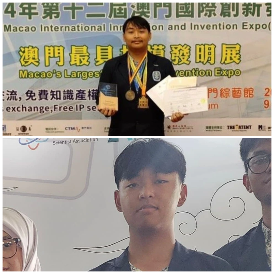 Devan Ahmad Henofernanda (top) during the Macao International Innovation and Invention Expo and Raynar Ahmad Henofaryal (bottom) receiving gold and bronze medals at ISIF Bali in 2024 (Photo: Personal documentation)