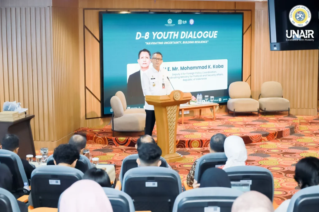 H.E. Mohammad K. Koba delivers remarks during the Preliminary Discussion of the D-8 Youth Dialogue on June 3, 2026. (Photo: PHMP UNAIR)